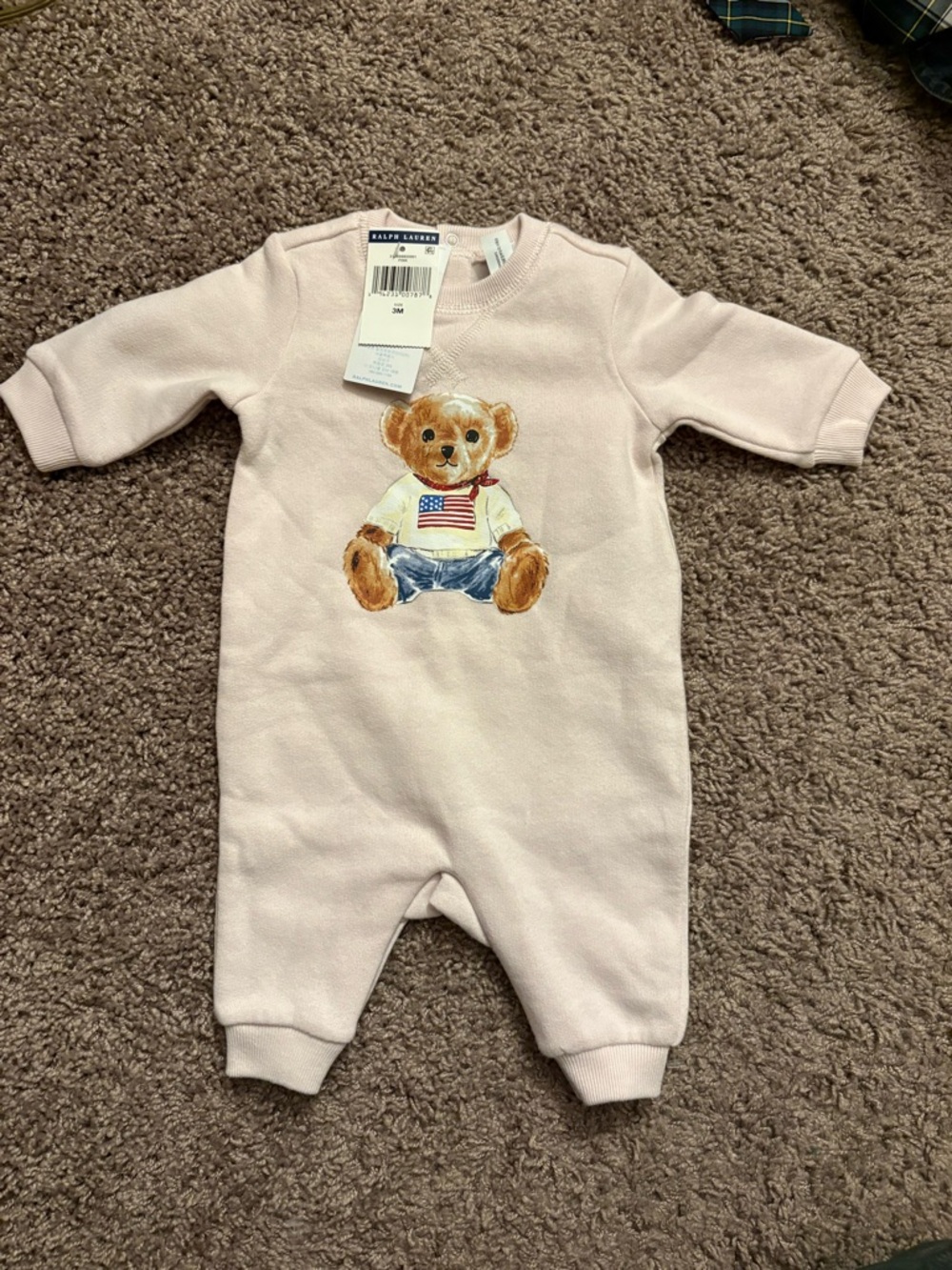 Ralph Lauren Light Pink Bear Appliqué Cotton Footie